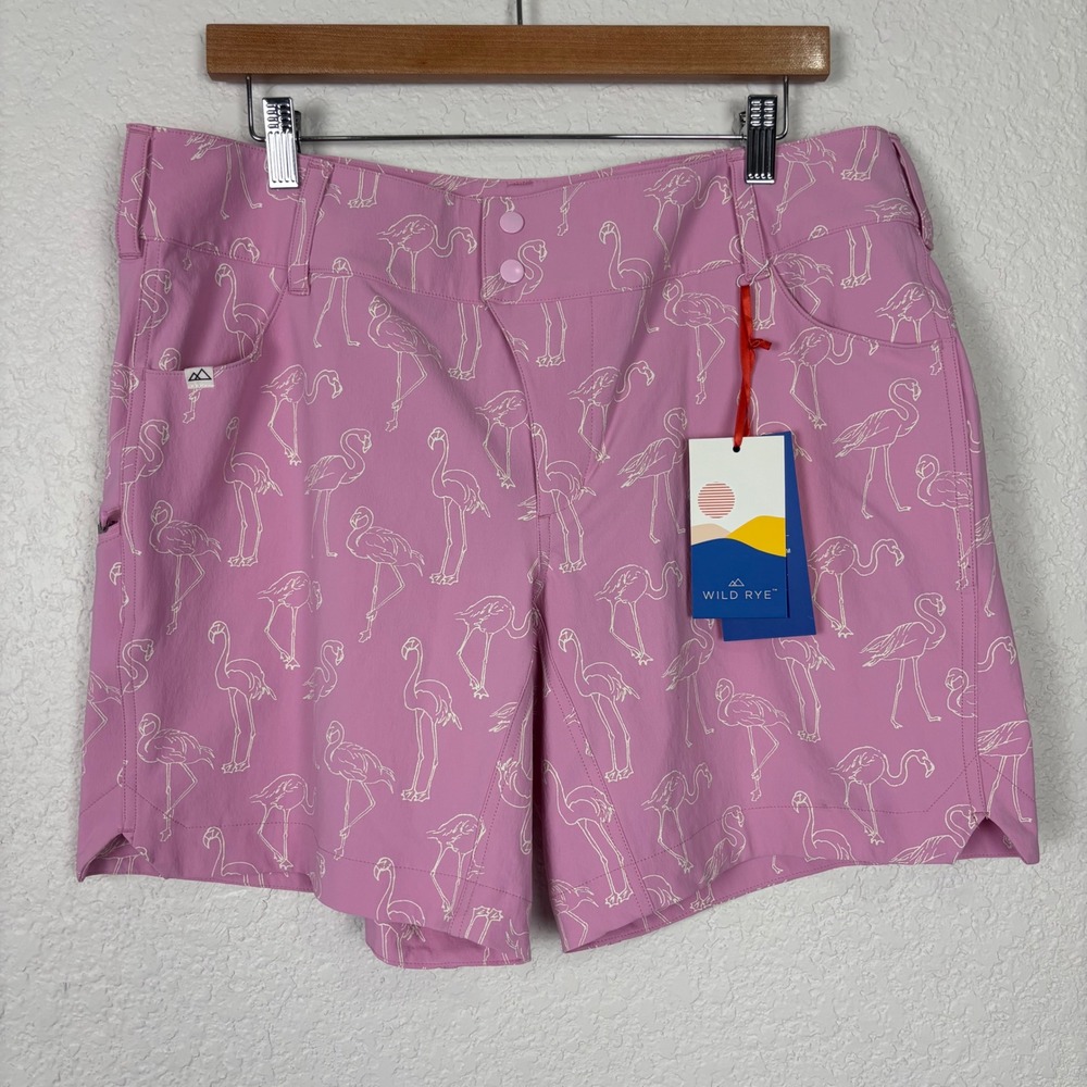 Wild Rye Women's Shorts SZ 12 Pink Flamingo Print Golf Bike Active‎ NEW